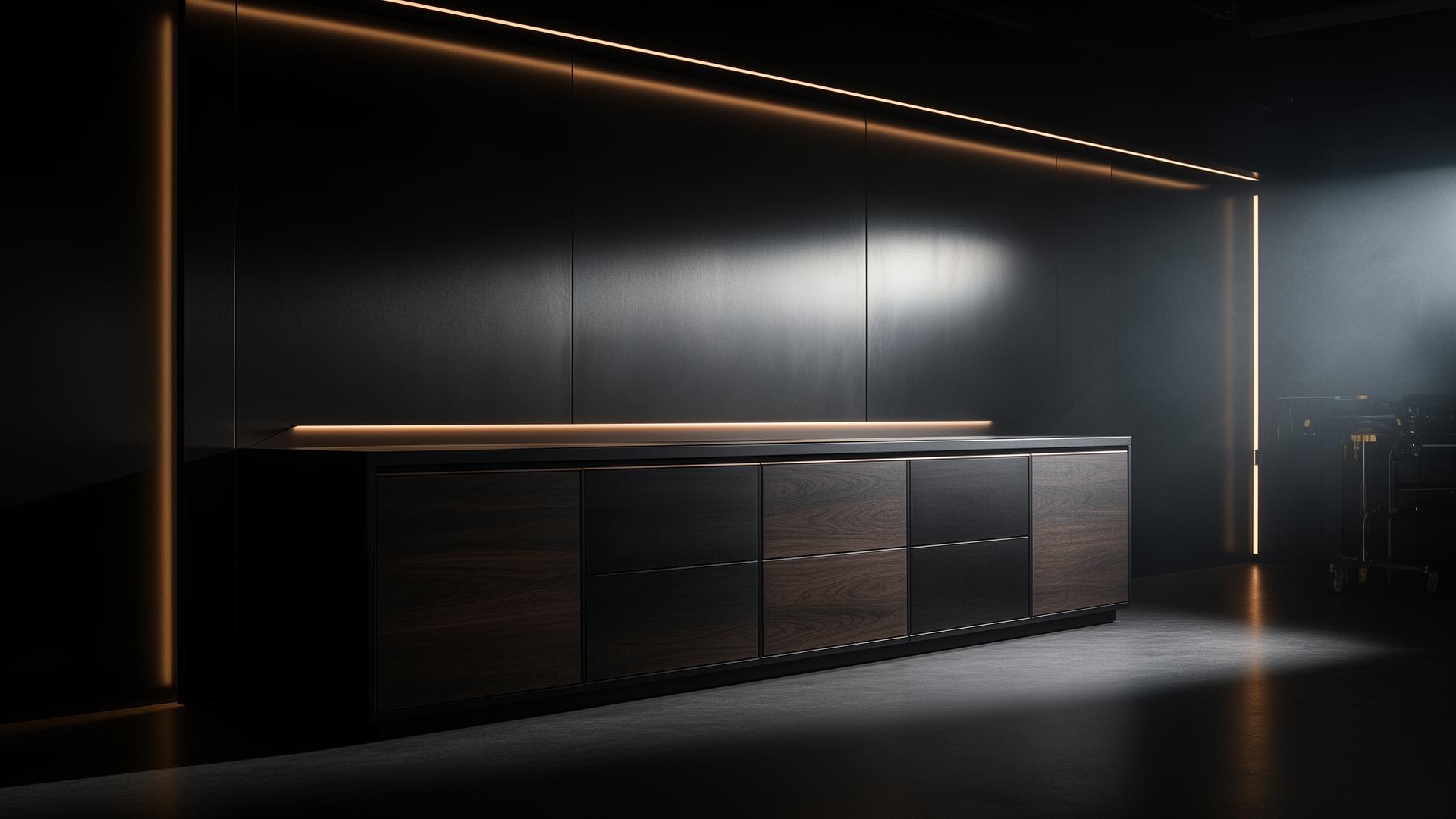 Cinematic luxury workshop interior with smoked oak cabinetry and bronze rim lighting